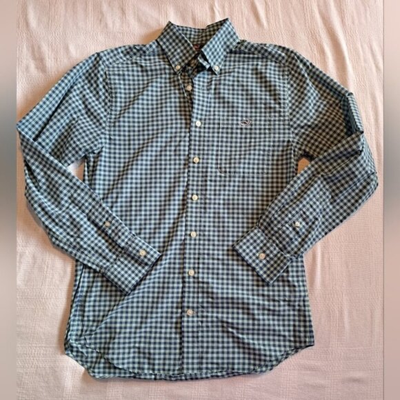 Vineyard Vines men's size small blue & mint gingham long sleeve shirt EUC - Picture 1 of 5